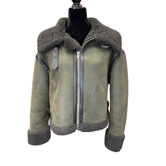 Zara Dark Olive Faux Shearling Double Faced Aviator Jacket Women Size XS Sherpa - Picture 5 of 13